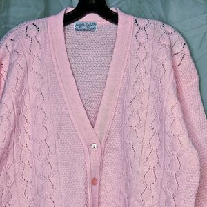 Cuddle Knit Wintuk Pink V Neck Button Up Open Knit Cardigan Sweater Vintage 60s